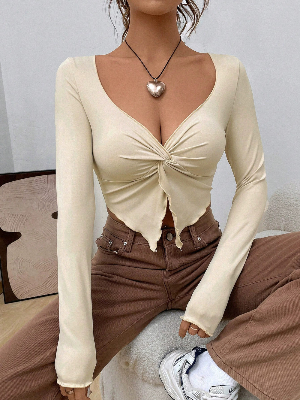 ZARA Fall Winter Slim Fit Twist Knot Knit Crop Top Long Sleeve